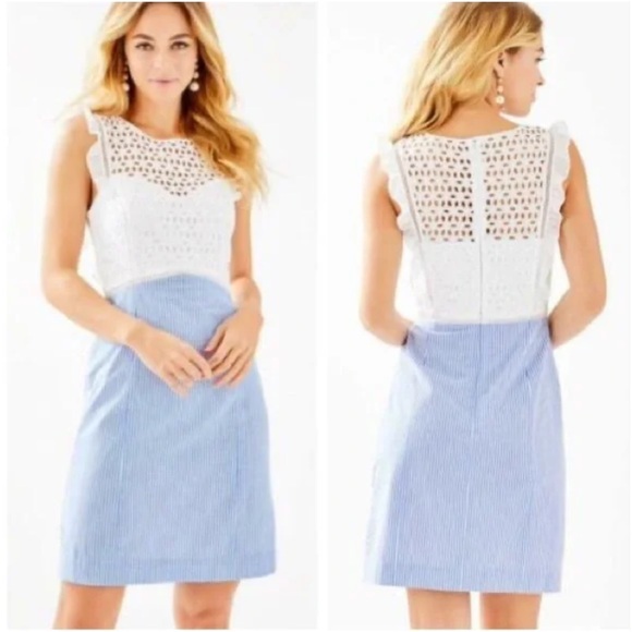 Lilly Pulitzer Dresses & Skirts - Lilly Pulitzer Maya Shift Dress Coastal Blue Seersucker White Lace size 2